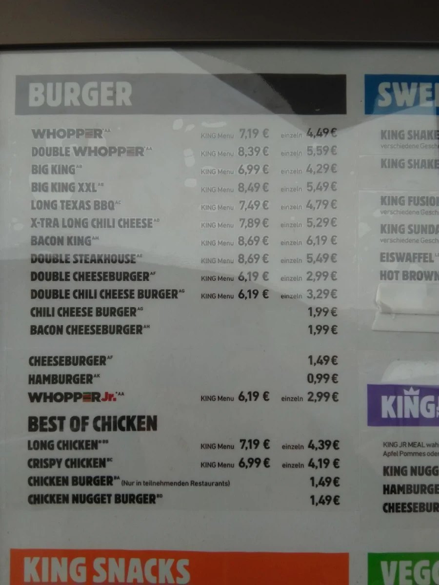 Speisekarte, Burger King Neustadt
