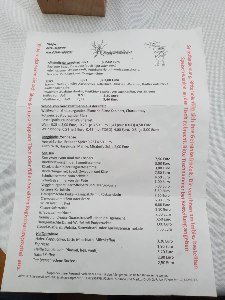 Speisekarte, Ameisenstüberl FFB