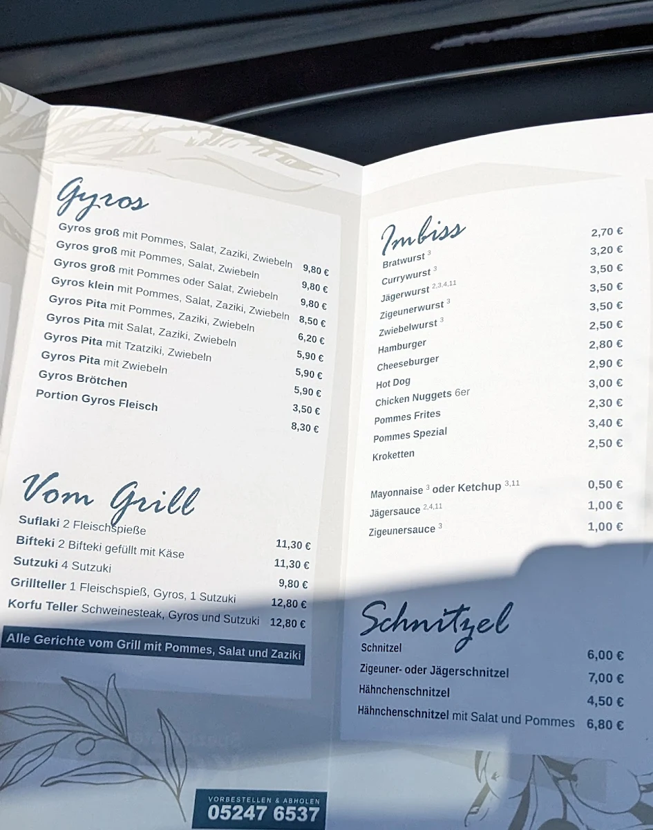 Speisekarte, Korfu-Grill