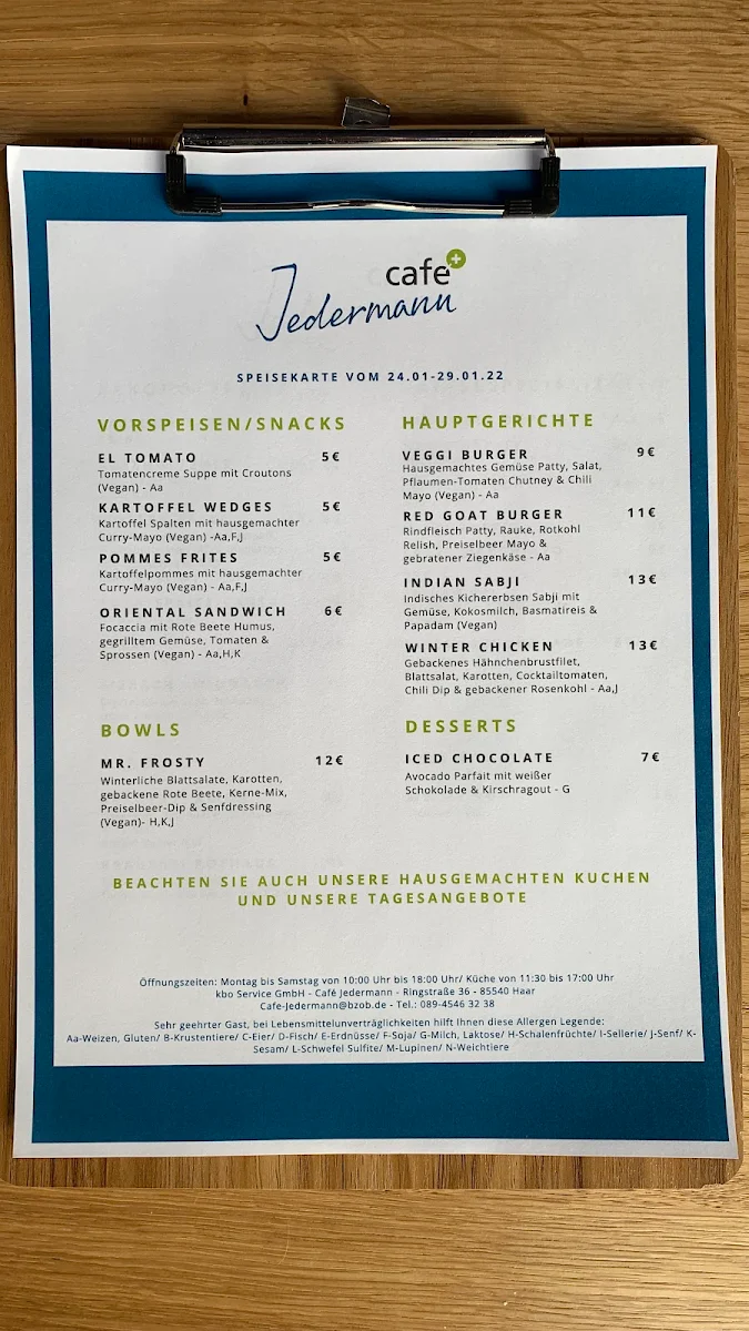 Speisekarte, Café Jedermann