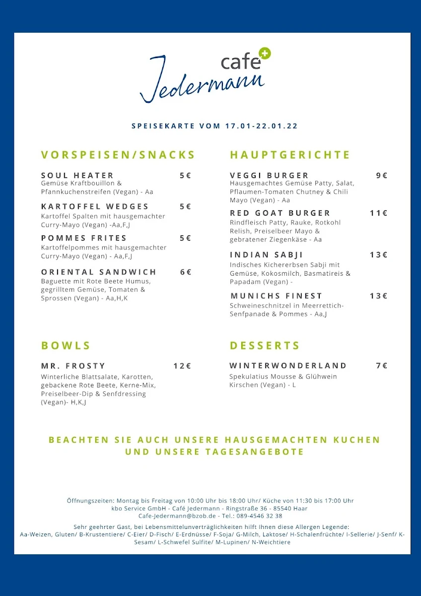 Speisekarte, Café Jedermann