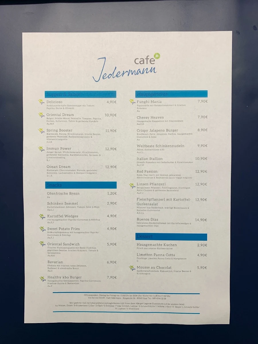 Speisekarte, Café Jedermann