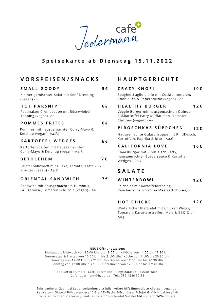Speisekarte, Café Jedermann