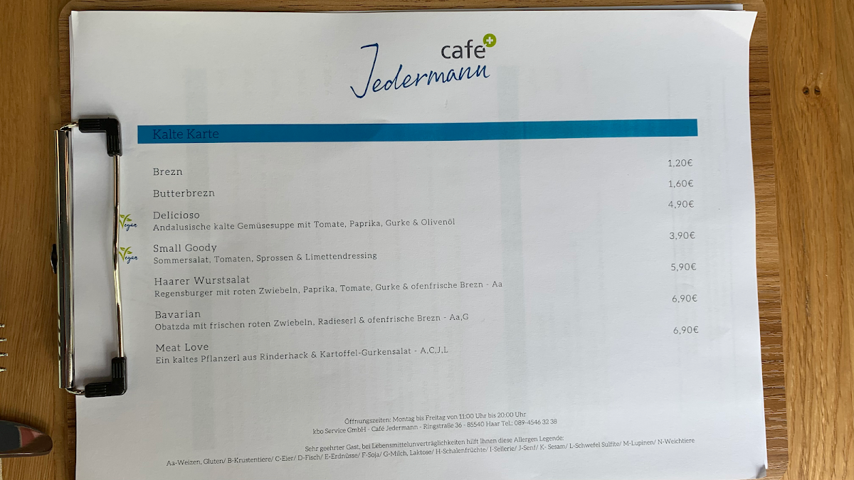 Speisekarte, Café Jedermann