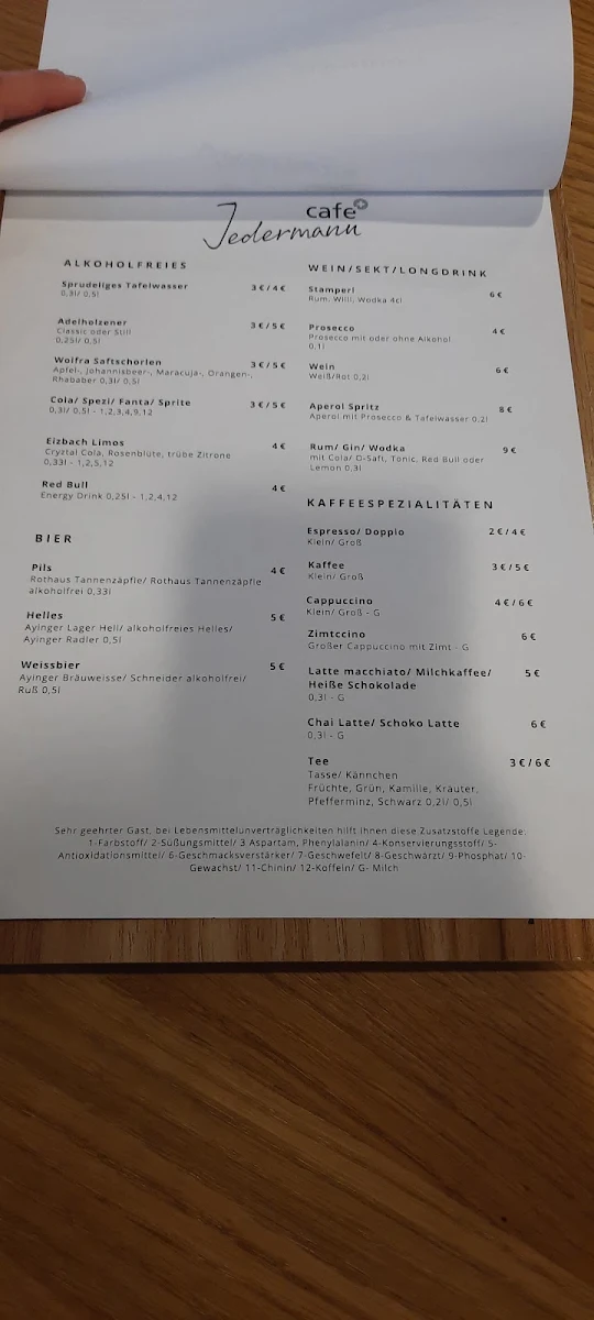 Speisekarte, Café Jedermann