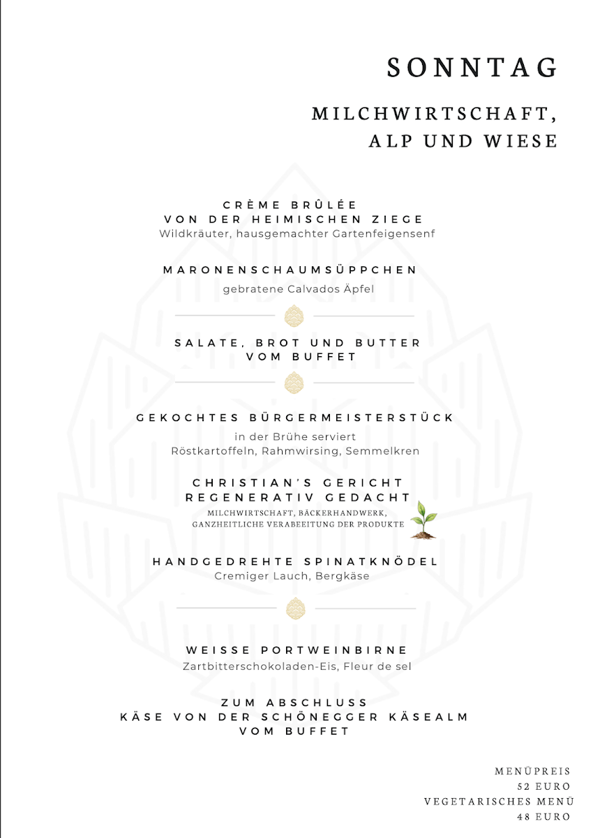 Speisekarte, Restaurant Augenblick im Hotel Kühberg