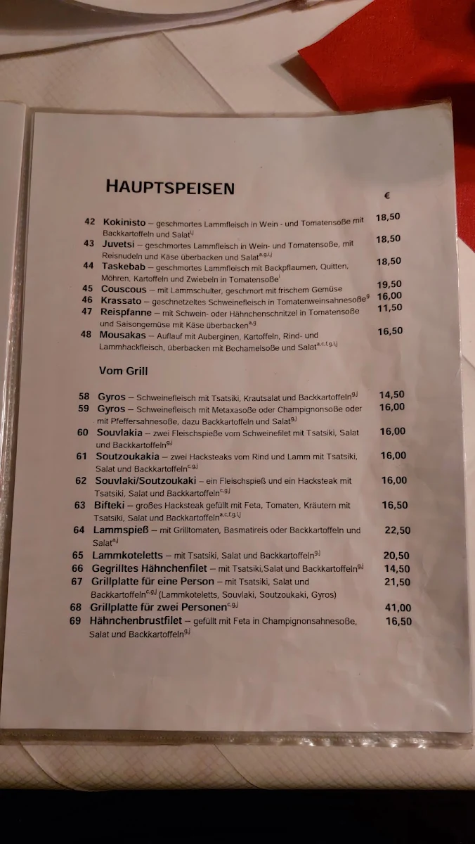Speisekarte, Taverna Karagiosis