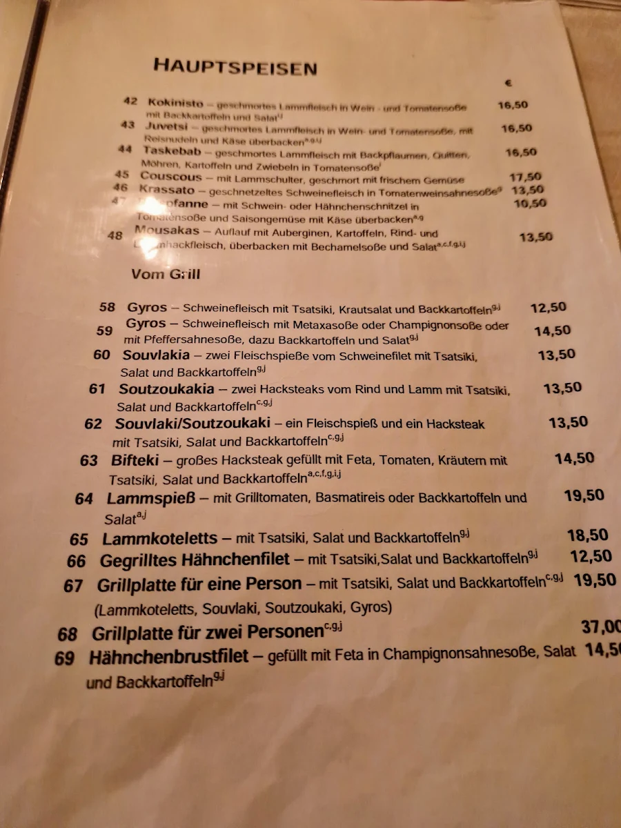 Speisekarte, Taverna Karagiosis