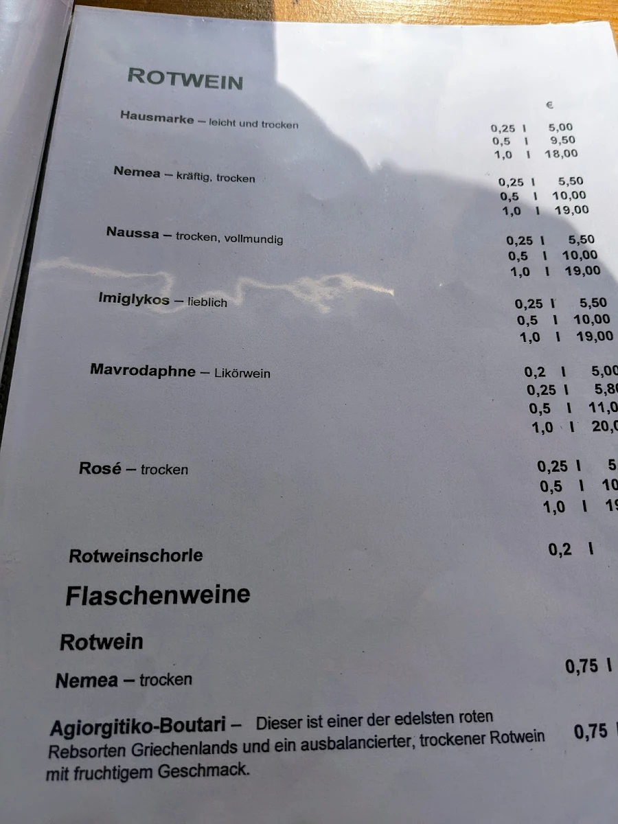 Speisekarte, Taverna Karagiosis