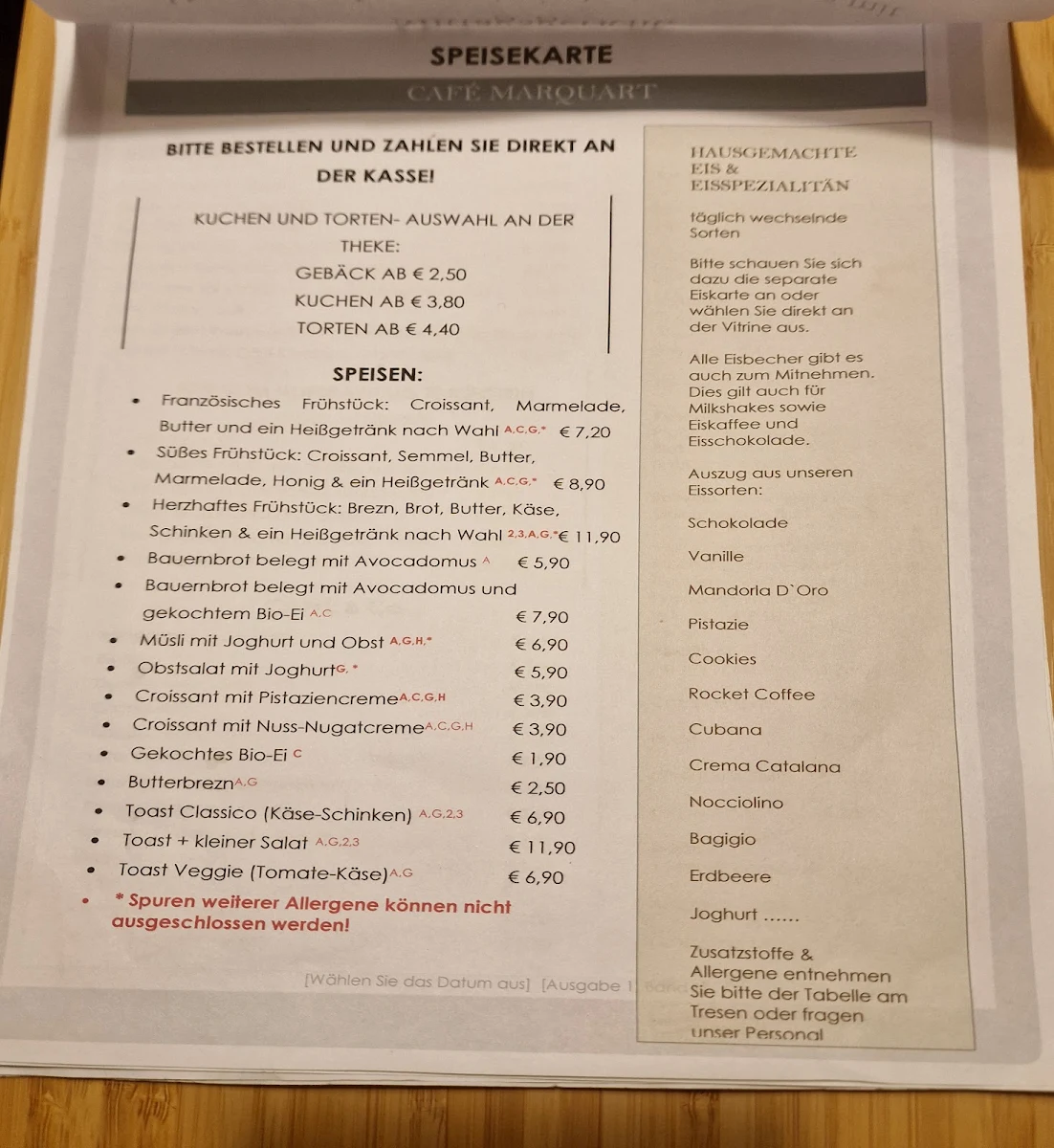 Speisekarte, Café Marquart
