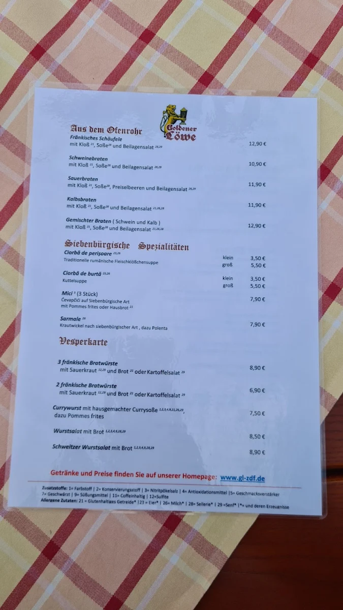 Speisekarte, Goldener Löwe