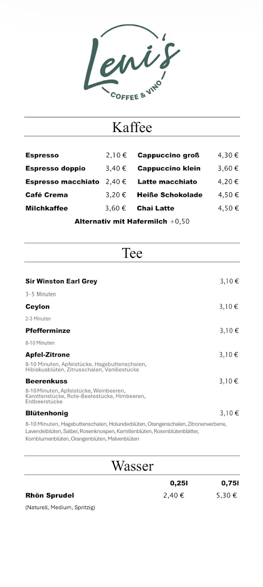 Speisekarte, Leni's Coffee & Vino