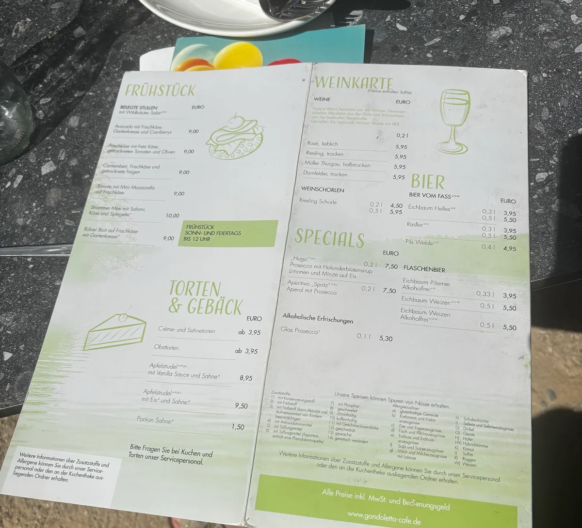 Speisekarte, Cafe Gondoletta