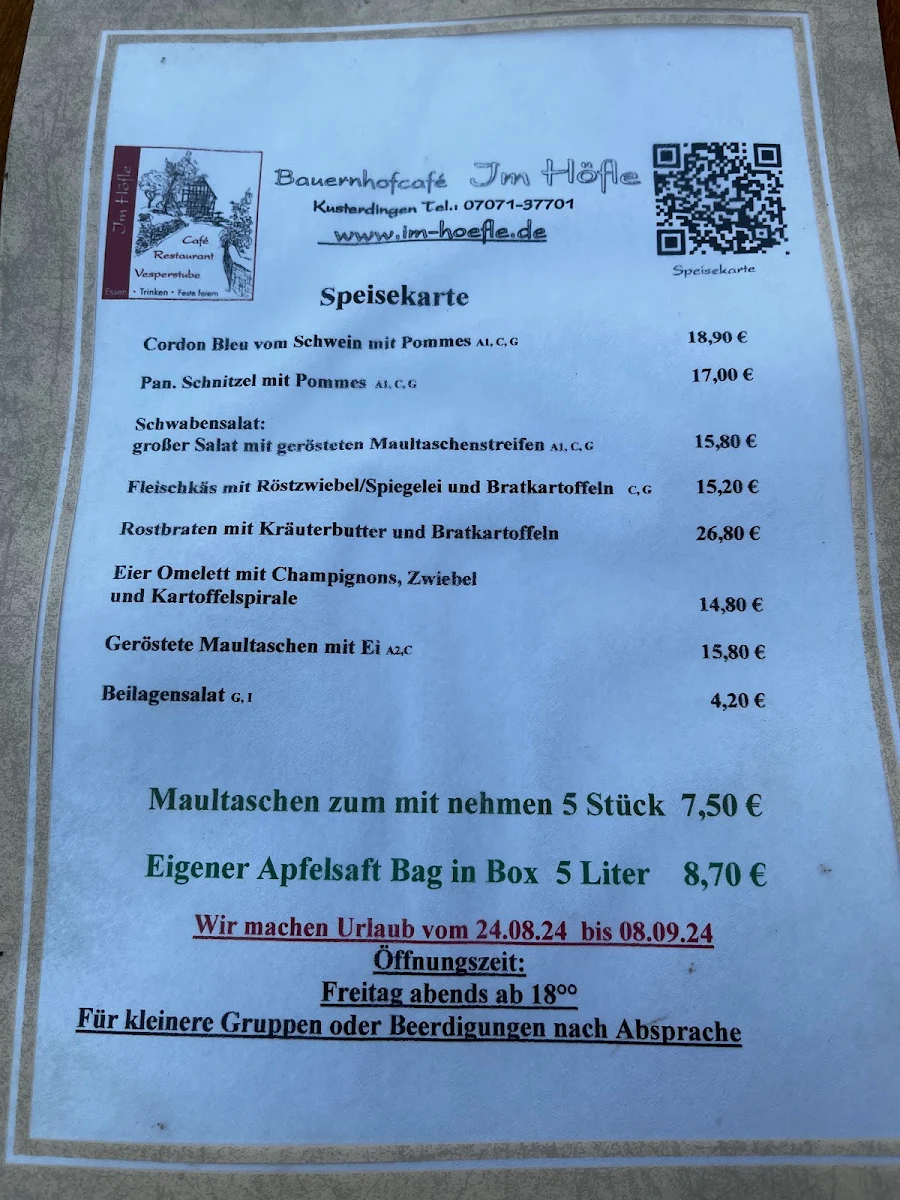 Speisekarte, Im Höfle