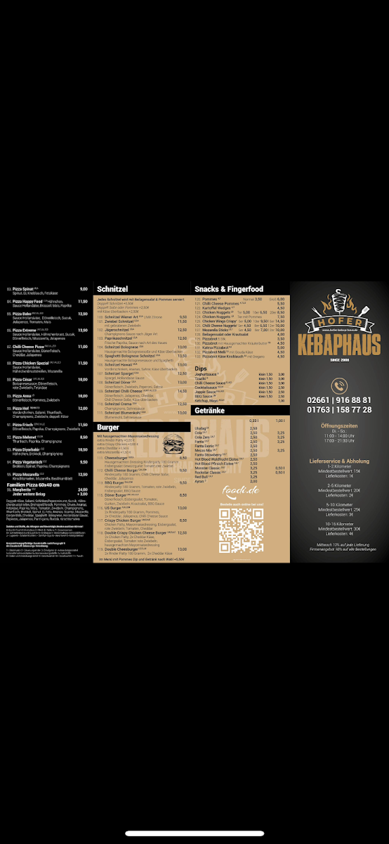 Speisekarte, Hofer Kebap Haus