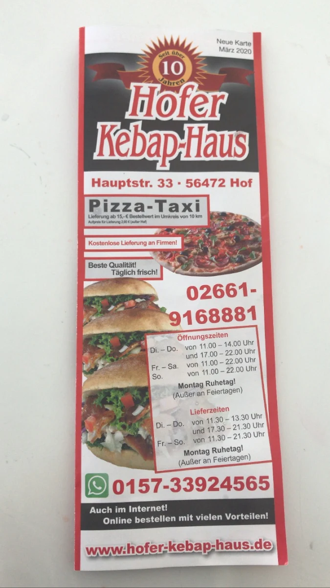 Speisekarte, Hofer Kebap Haus