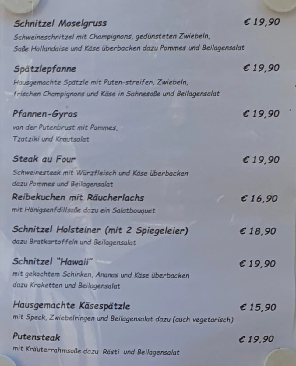 Speisekarte, Gasthaus Pension Moselgruss