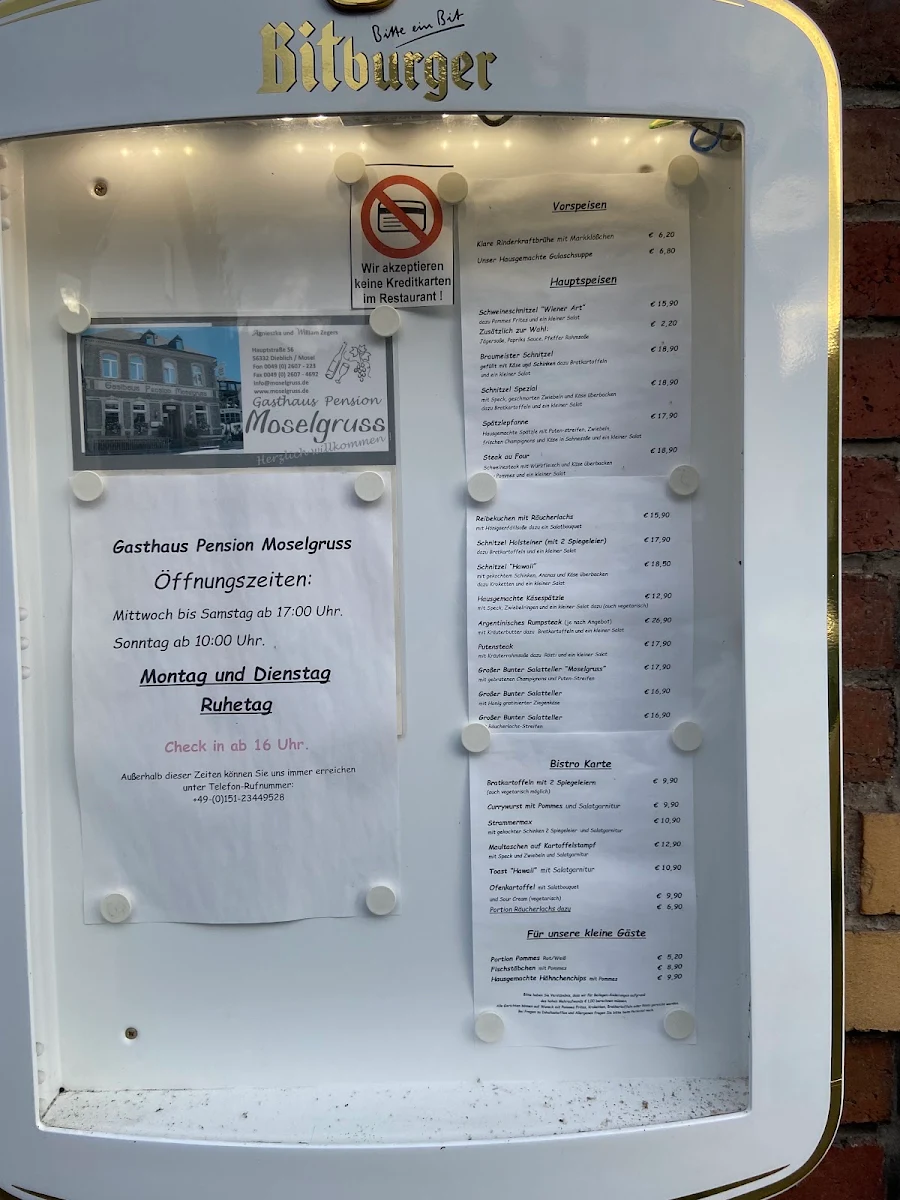 Speisekarte, Gasthaus Pension Moselgruss