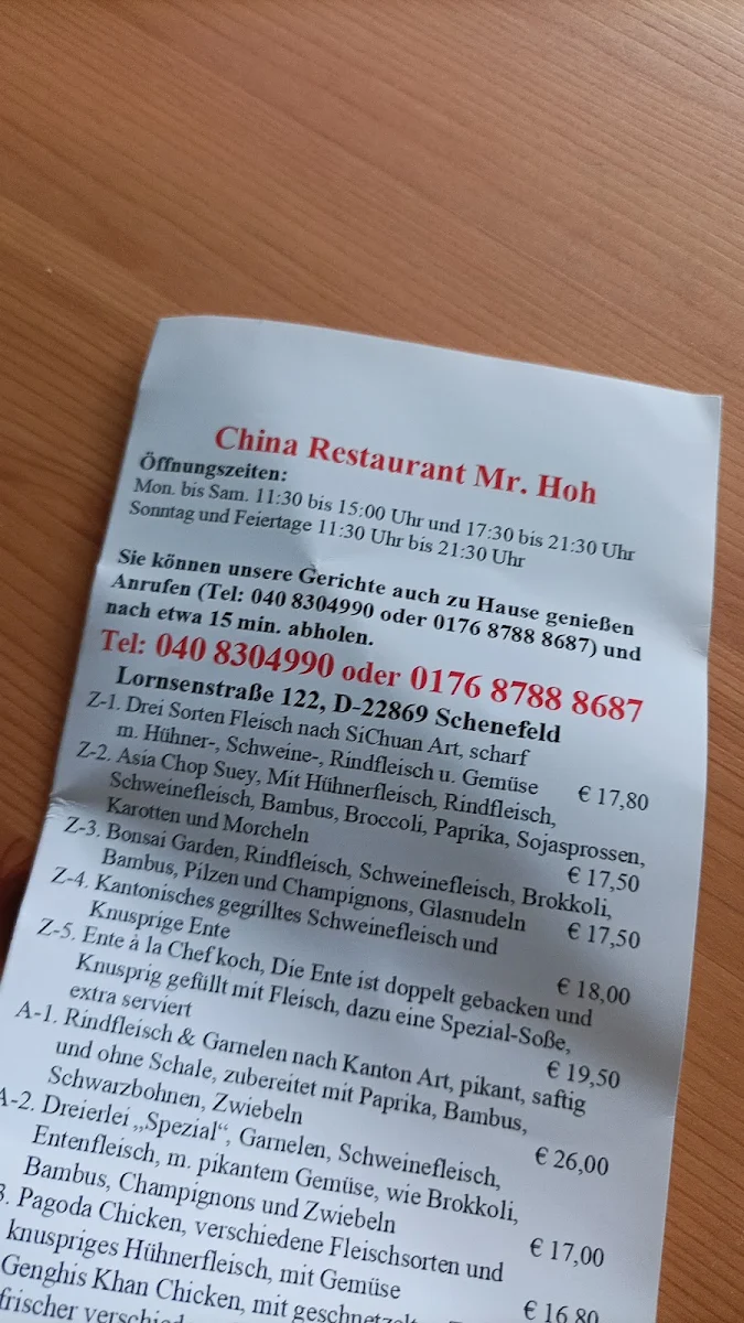 Speisekarte, Restaurant Mr.Hoh