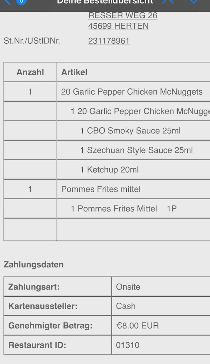 Speisekarte, McDonald's