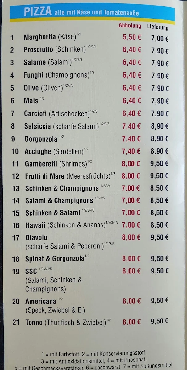 Speisekarte, Pegasus Pizza