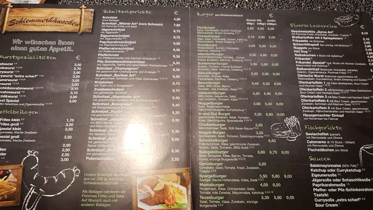 Speisekarte, Schlemmerhäuschen-Schnellrestaurant
