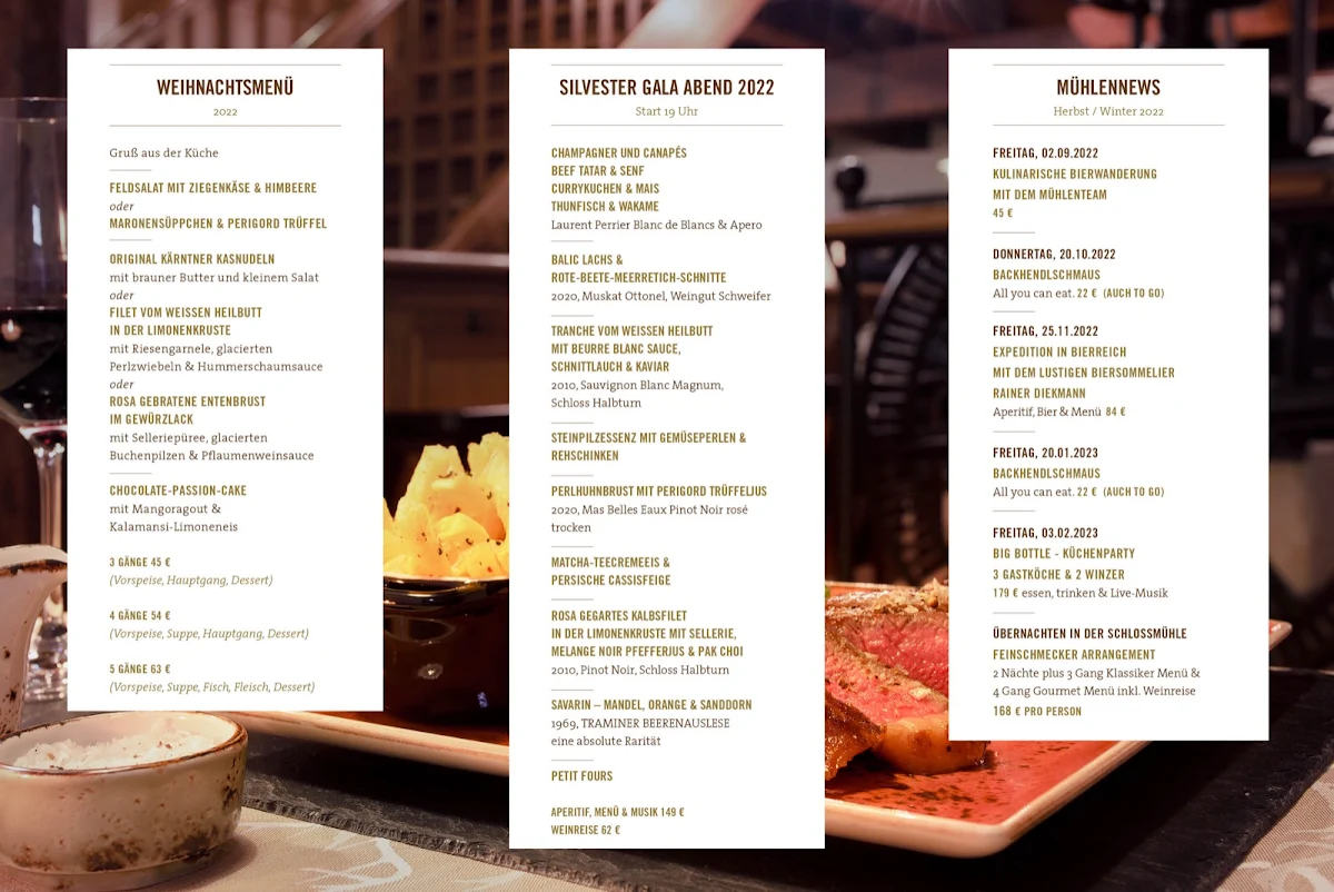Speisekarte, Restaurant Almer Schlossmühle