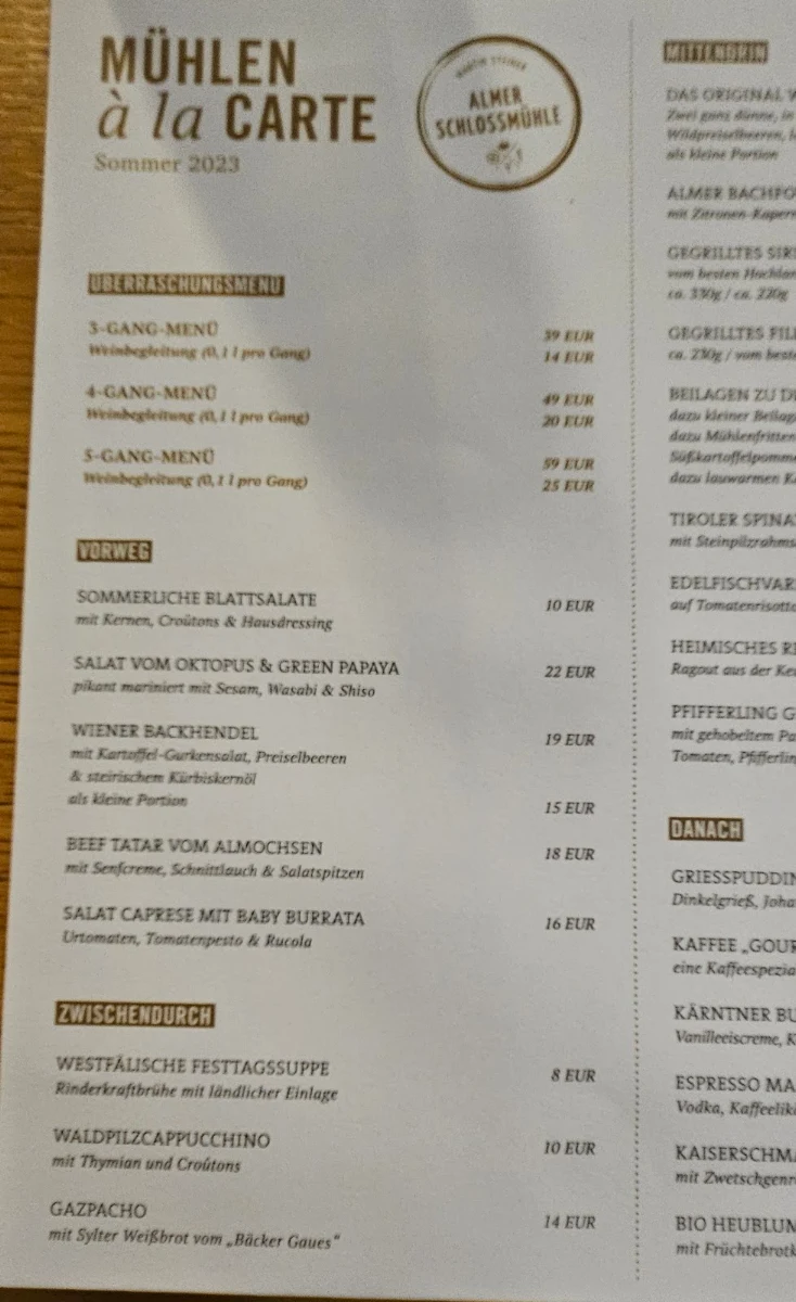 Speisekarte, Restaurant Almer Schlossmühle