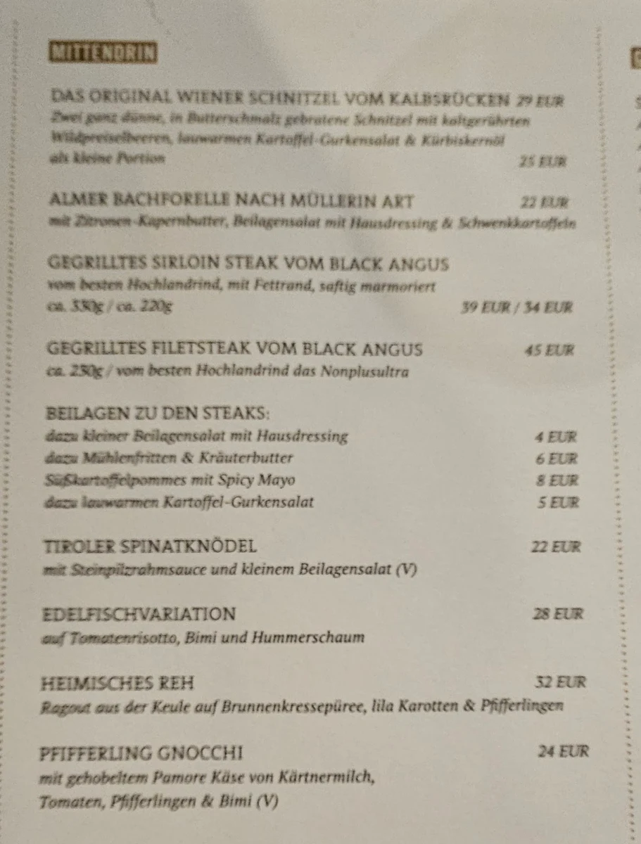 Speisekarte, Restaurant Almer Schlossmühle