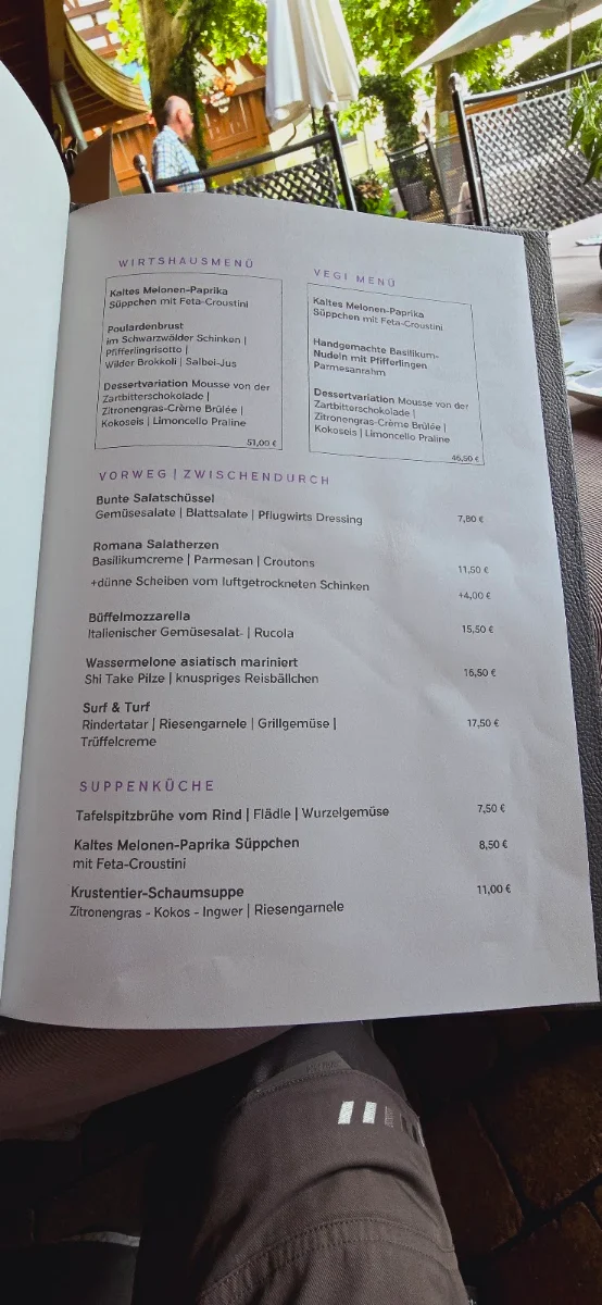Speisekarte, Pflugwirts Gasthaus mit Hotel in Oberkirch (Baden)