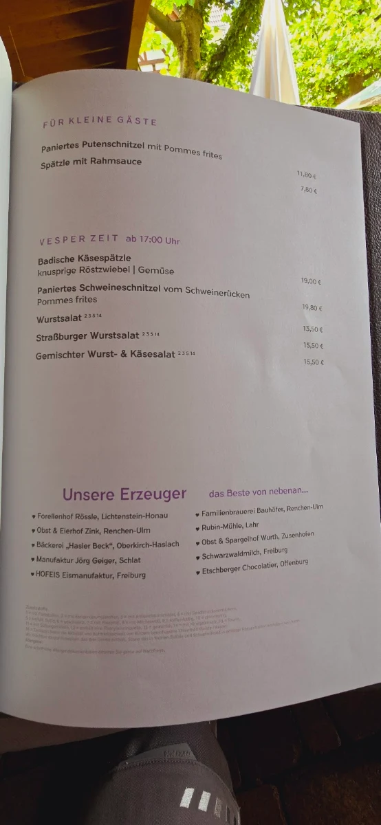 Speisekarte, Pflugwirts Gasthaus mit Hotel in Oberkirch (Baden)