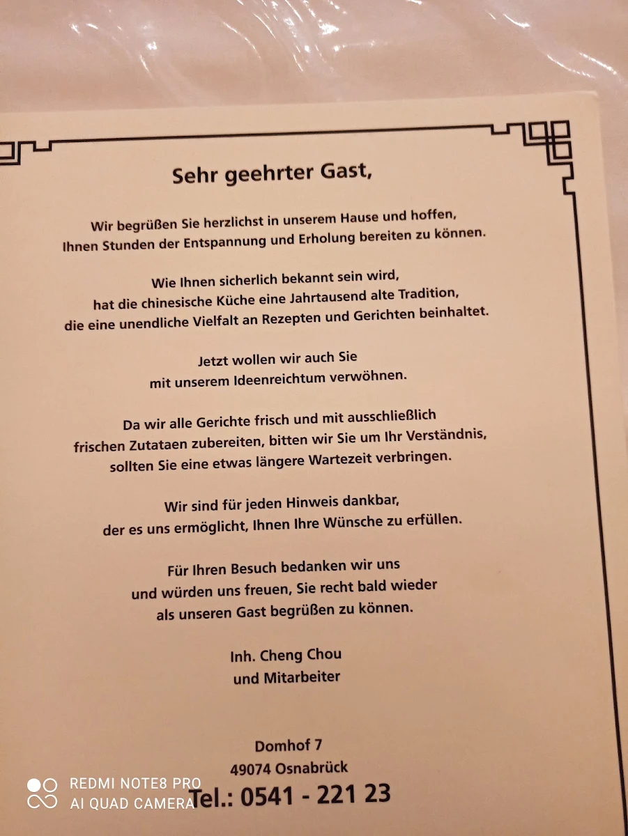 Speisekarte, China Restaurant Lotusgarten