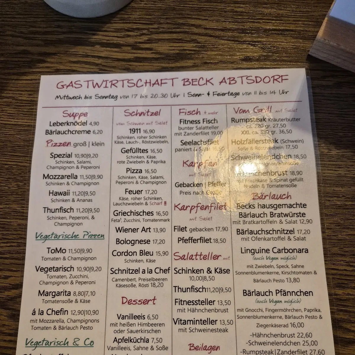 Speisekarte, Gastwirtschaft BECK | Abtsdorf