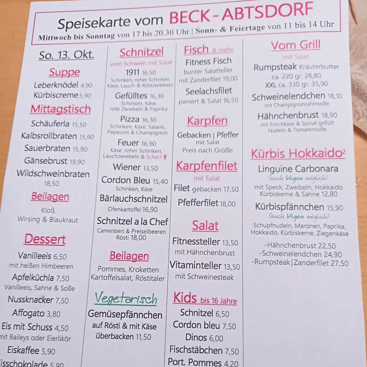Speisekarte, Gastwirtschaft BECK | Abtsdorf
