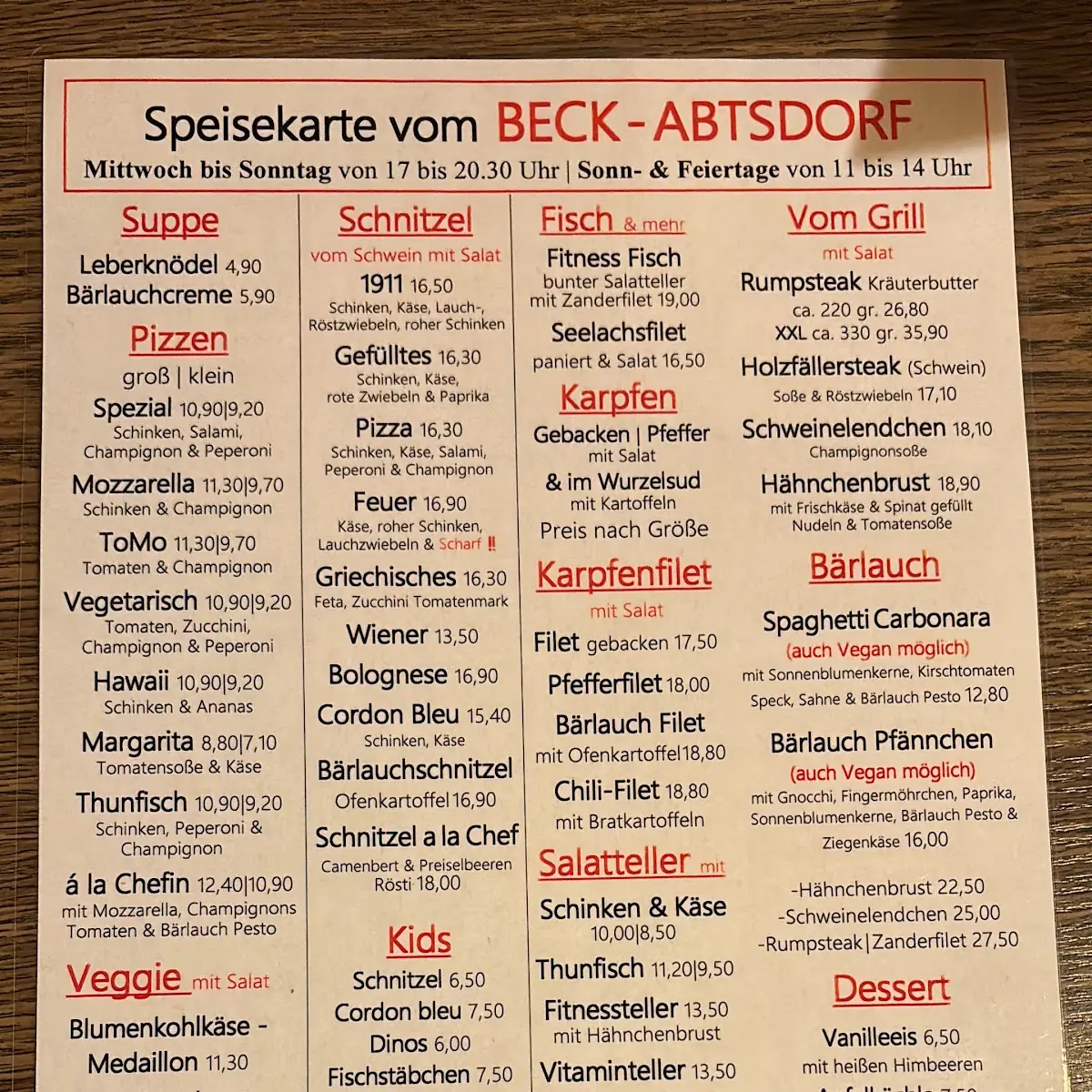 Speisekarte, Gastwirtschaft BECK | Abtsdorf