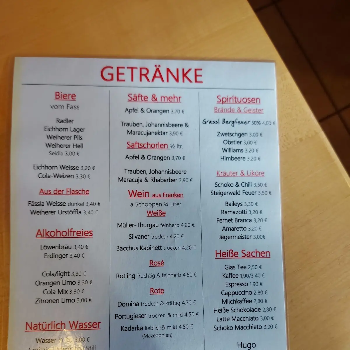 Speisekarte, Gastwirtschaft BECK | Abtsdorf
