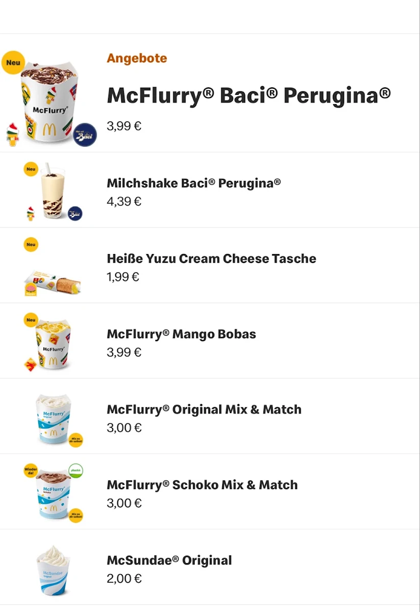 Speisekarte, McDonald's
