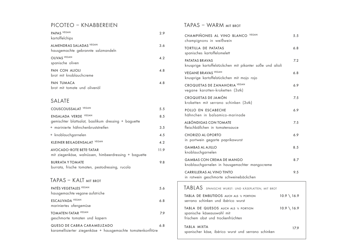 Speisekarte, Salon 3SEIN gastrobar