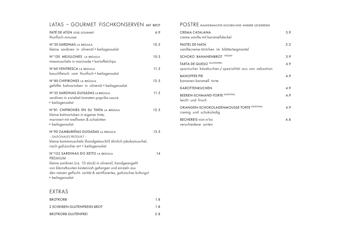 Speisekarte, Salon 3SEIN gastrobar
