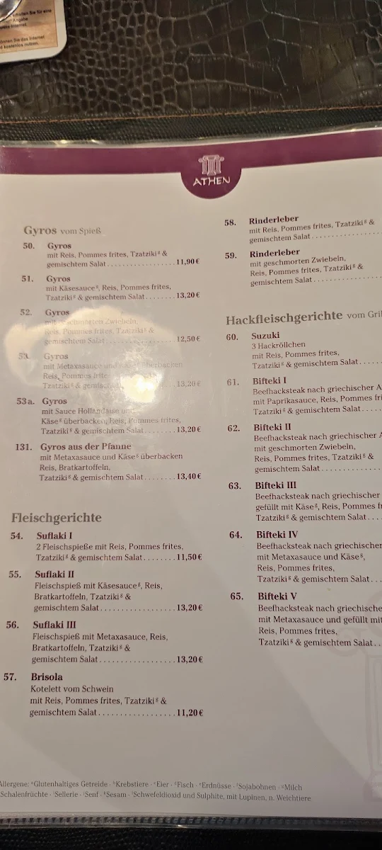 Speisekarte, Restaurant Athen, Griechische Spezialitäten