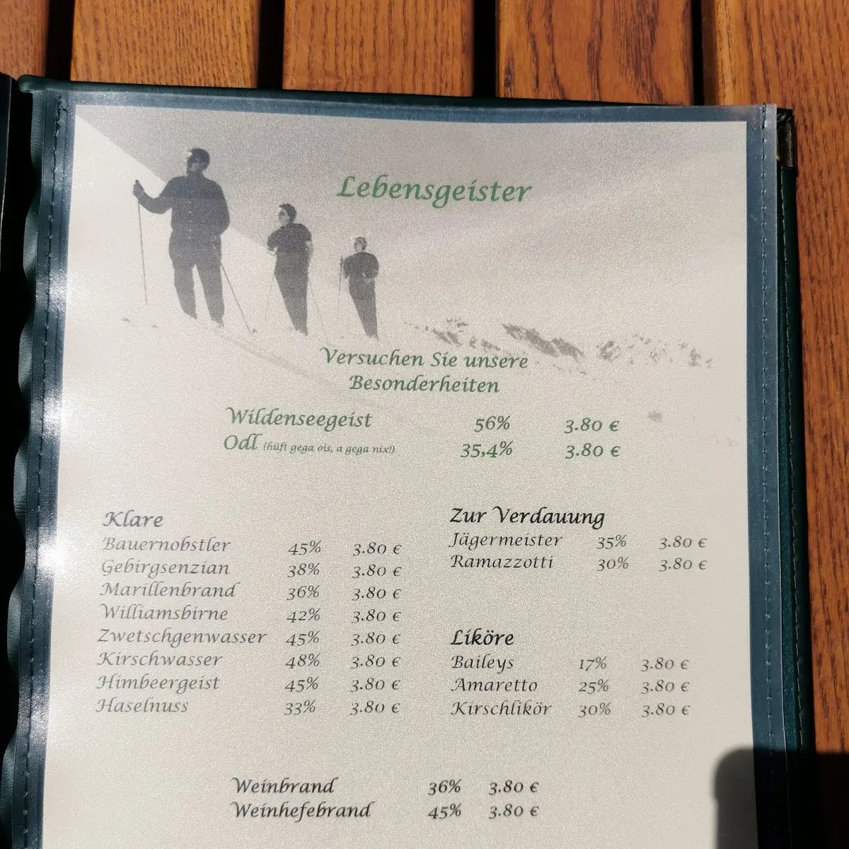 Speisekarte, Berggasthof Wildensee