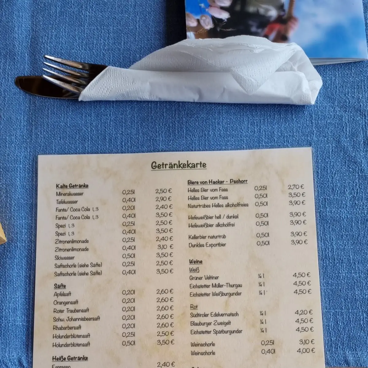 Speisekarte, Berggasthof Wildensee