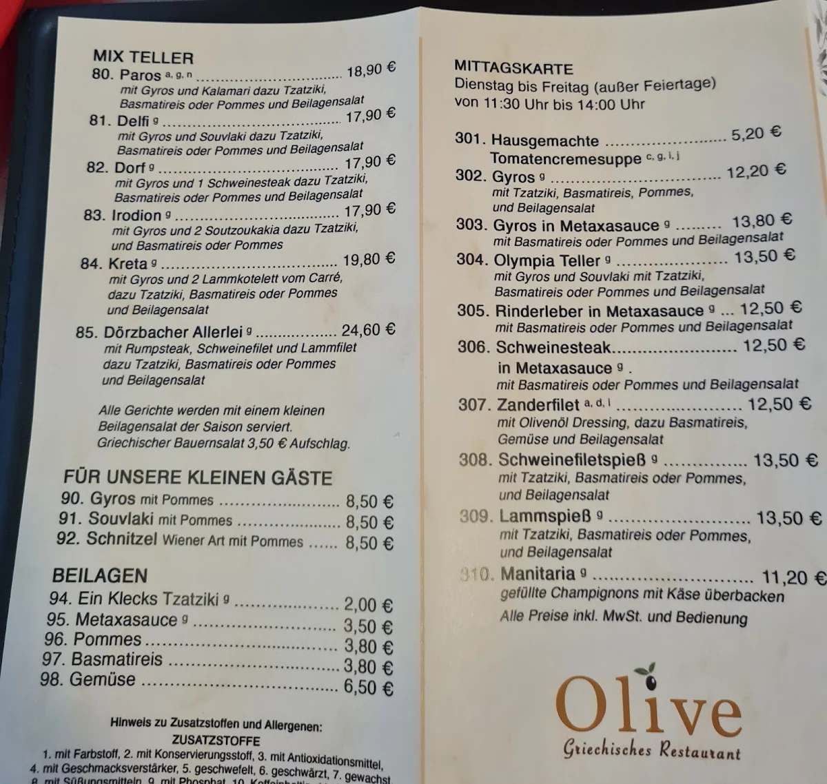 Speisekarte, Restaurant Olive - Panagiotis Kakarantzas