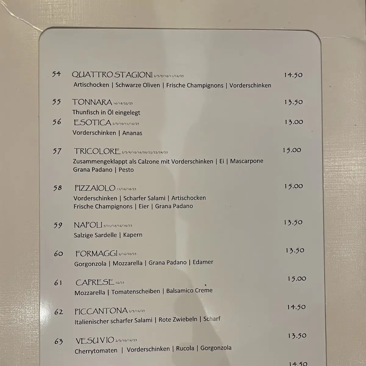 Speisekarte, Pizzeria Moderna "Der Neue Löwe"