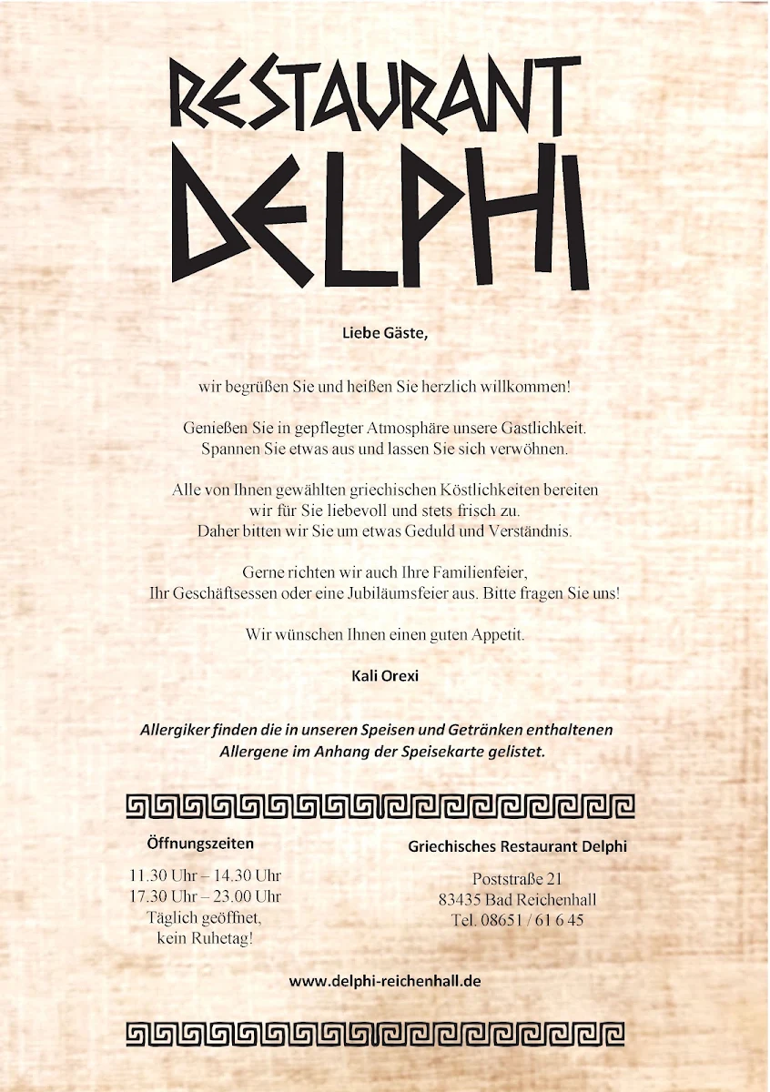Speisekarte, Restaurant Delphi