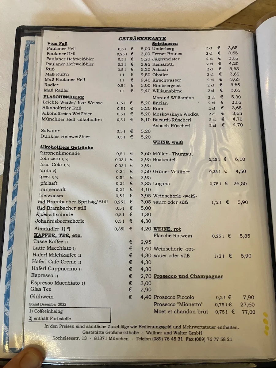 Speisekarte, Gaststätte Großmarkthalle