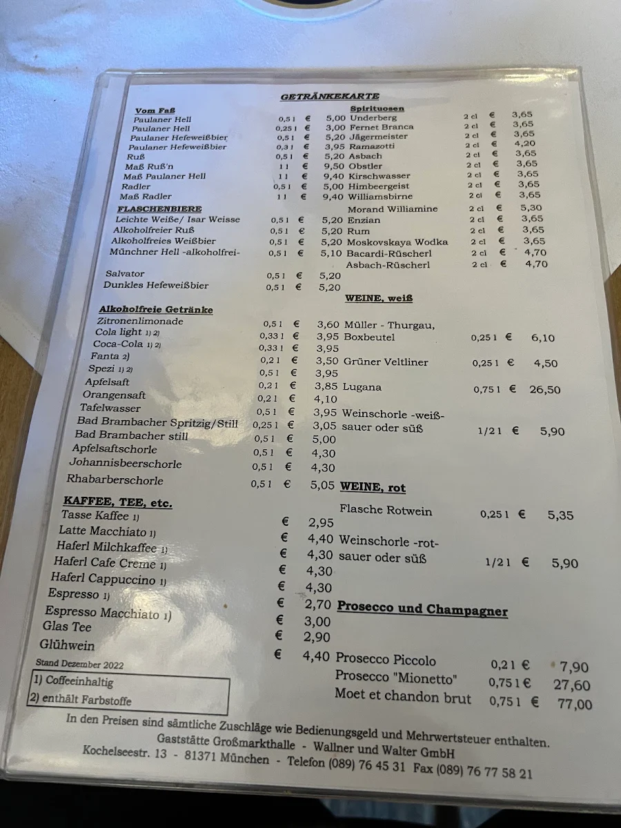 Speisekarte, Gaststätte Großmarkthalle