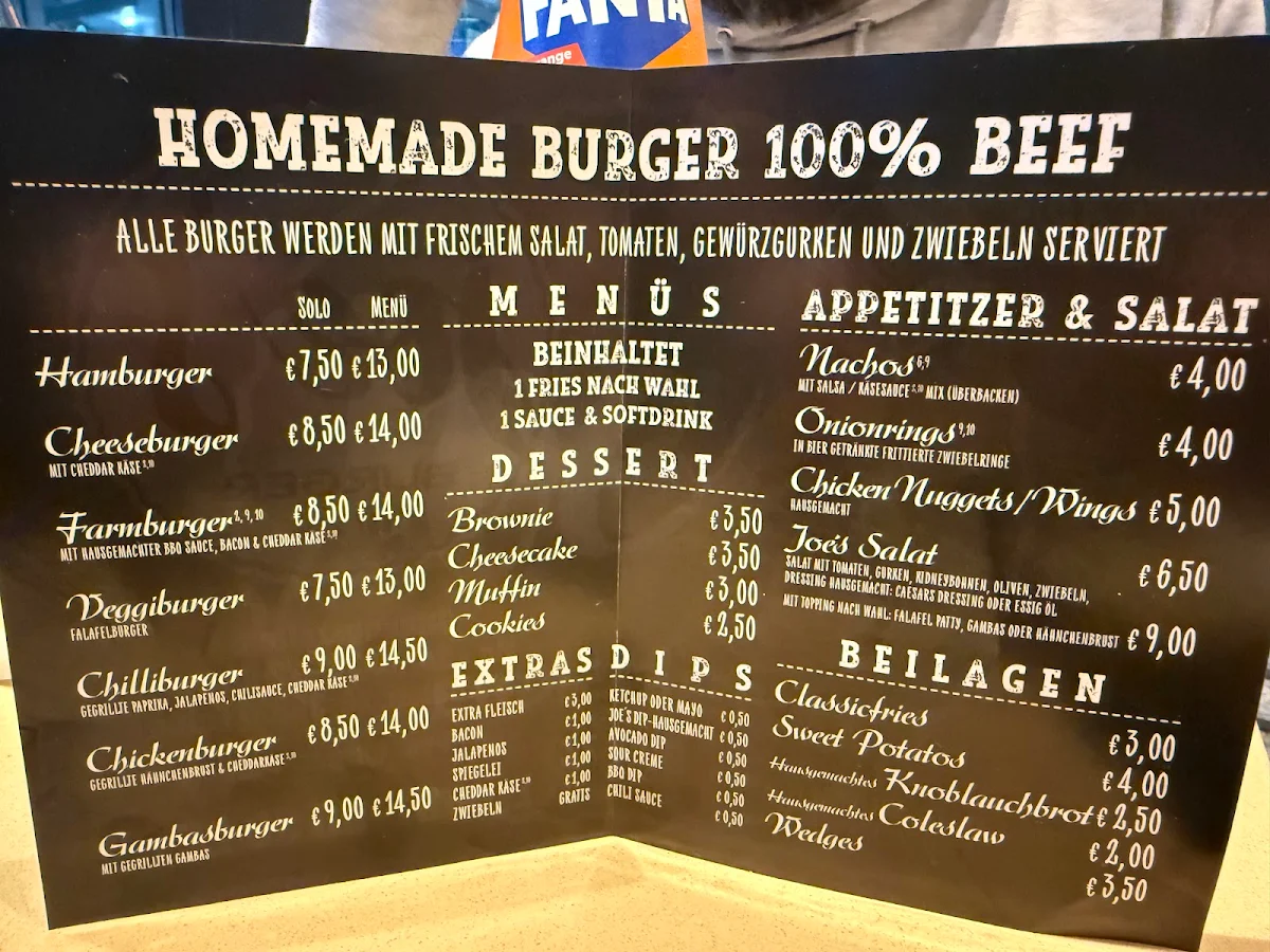 Speisekarte, Joe's Burger Fulda
