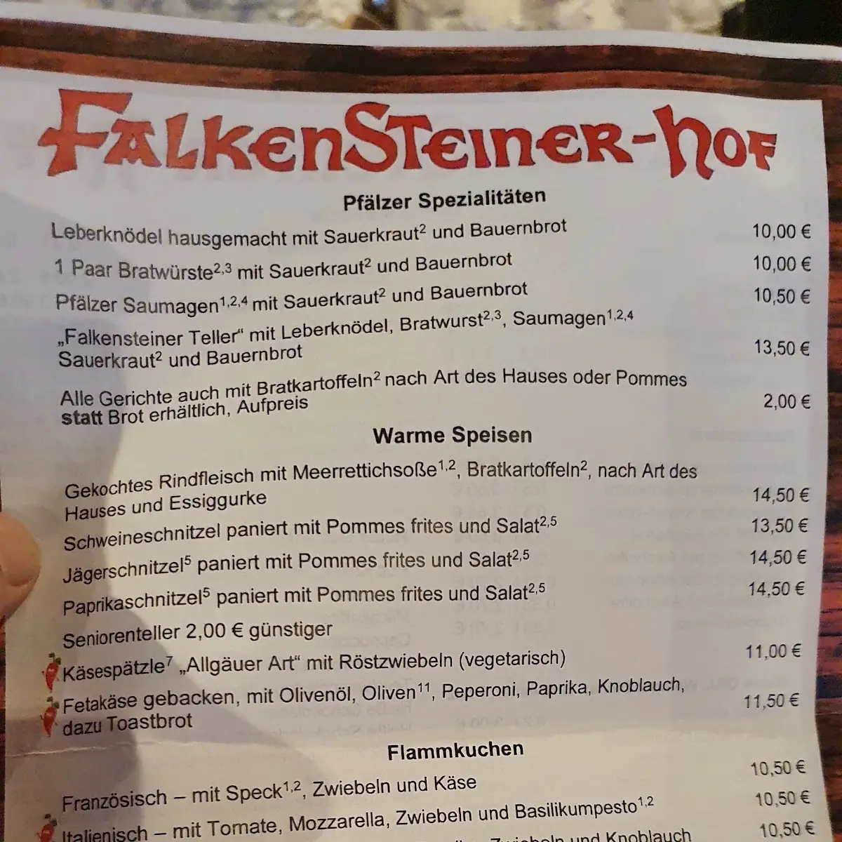 Speisekarte, Falkensteiner Hof