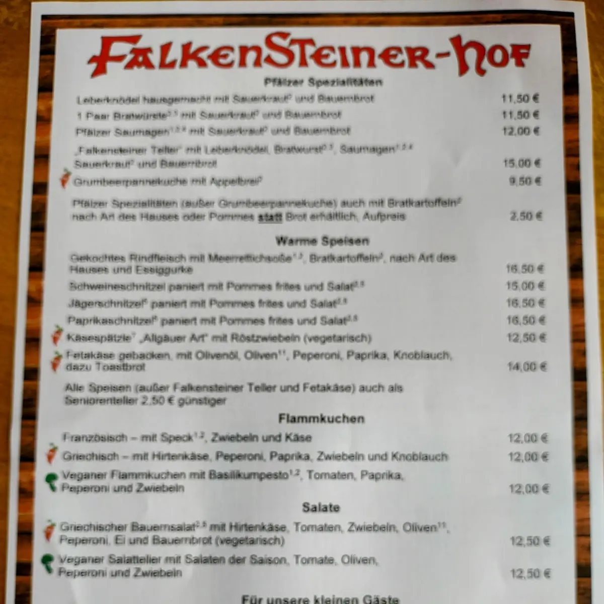 Speisekarte, Falkensteiner Hof
